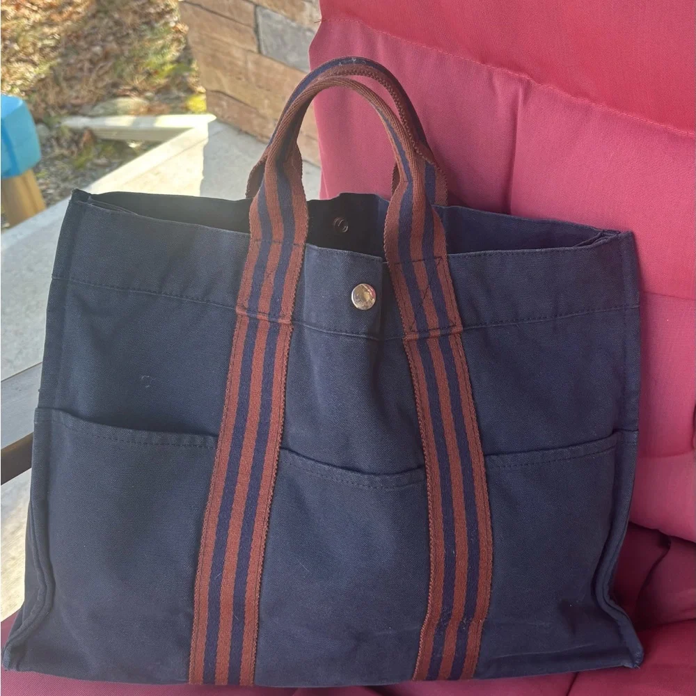 Authentic HERMES THICK Cotton canvas orange stripes expandable snap Tote Bag